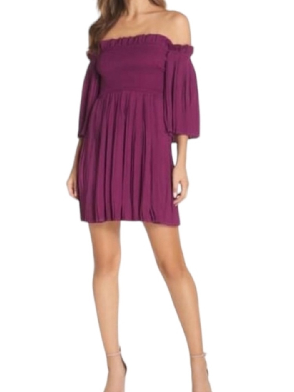 ALI & JAY Girls' Magenta Off-Shoulder Pleated Dress with Flutter Sleeves Size M